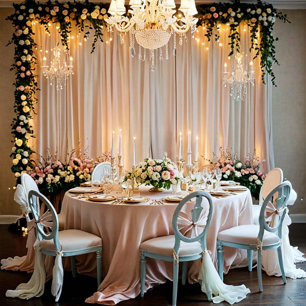 A beautifully arranged table setting with elegant accessories, featuring chic and charming event items such as stylish dresses, accessories, and decor. Include a soft pastel color palette, twinkling fairy lights, and blooming flowers to create an inviting atmosphere. Show guests engaging happily, enhancing the overall charm of the event. super-realistic. vibrant colors. elegant ambiance.