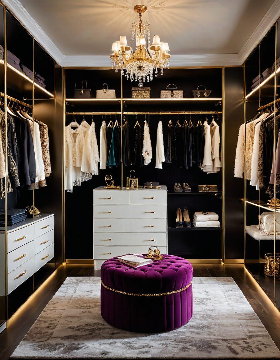 A luxurious closet filled with stylish outfits in rich colors and textures, elegantly arranged on golden hangers. Soft golden lighting highlights intricate details like lace, silk, and accessories. A chic dressing mirror reflects the beauty, inviting viewers to step into a world of fashion elegance. The background features a plush rug and minimalistic decor for a sophisticated touch. super-realistic. vibrant colors. soft focus.
