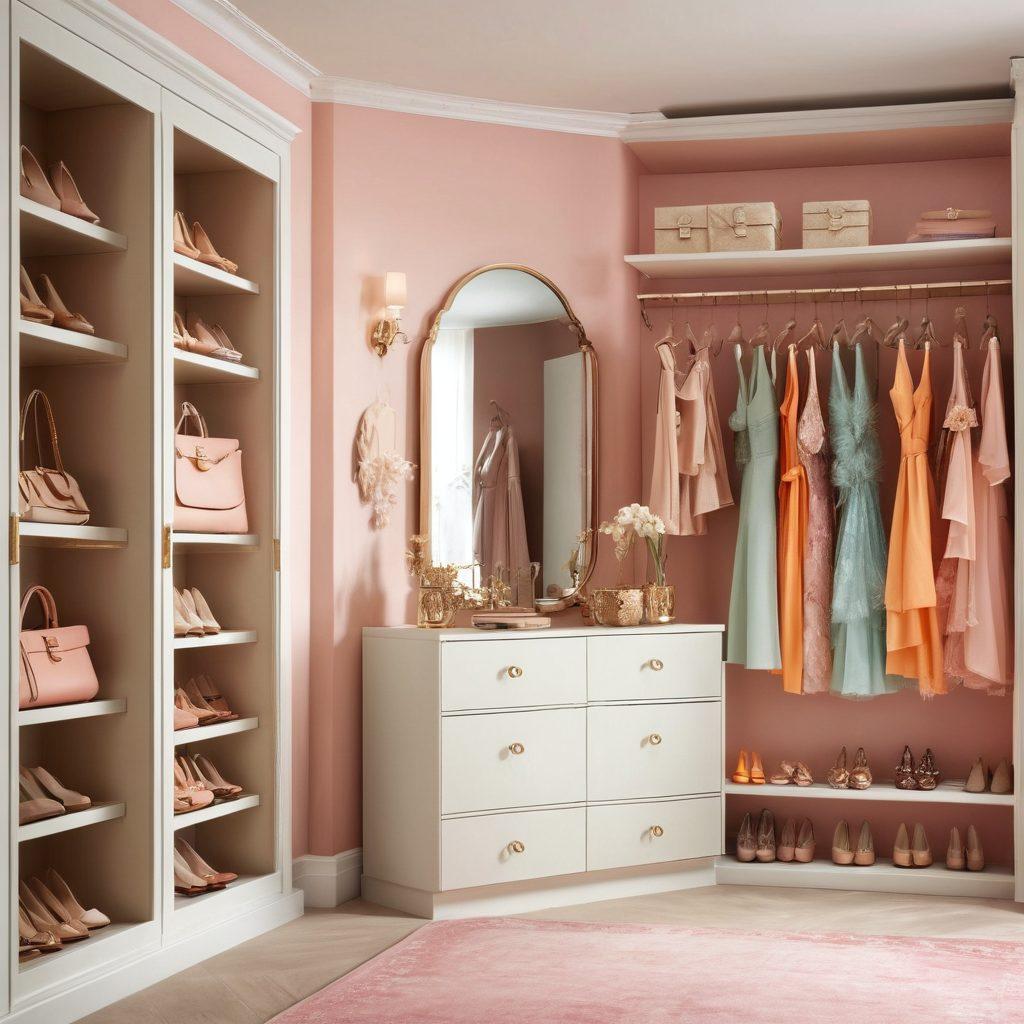 A stylish wardrobe overflowing with trendy outfits, showcasing a variety of elegant dresses, chic accessories, and fashionable shoes, all beautifully organized in a bright, inviting space. Add a full-length mirror reflecting the outfits and a soft, pastel color scheme to evoke a sense of fashion luxury. super-realistic. vibrant colors. soft background.